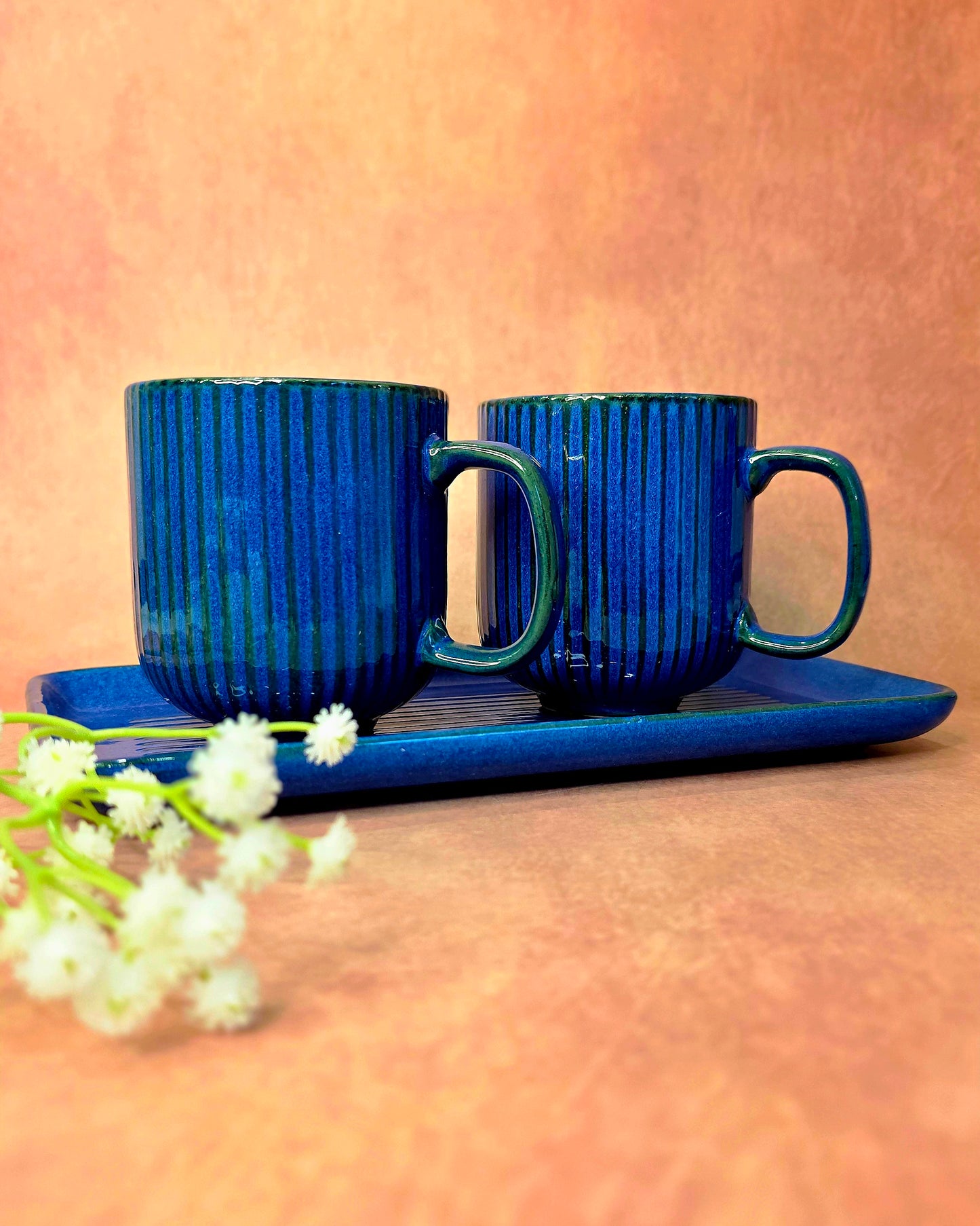 Coffee Date Mugs With Tray Set - Sapphire
